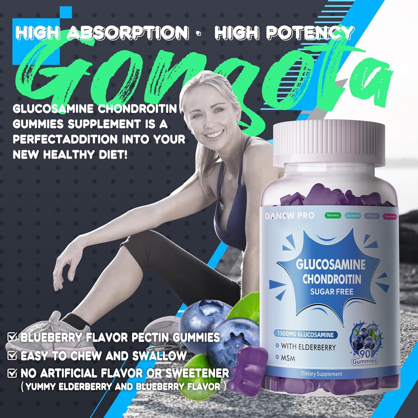 Extra Strength Glucosamine Chondroitin Gummies with MSM & Elderberry for Joint & Immune Support - 90 Gummies for Adults