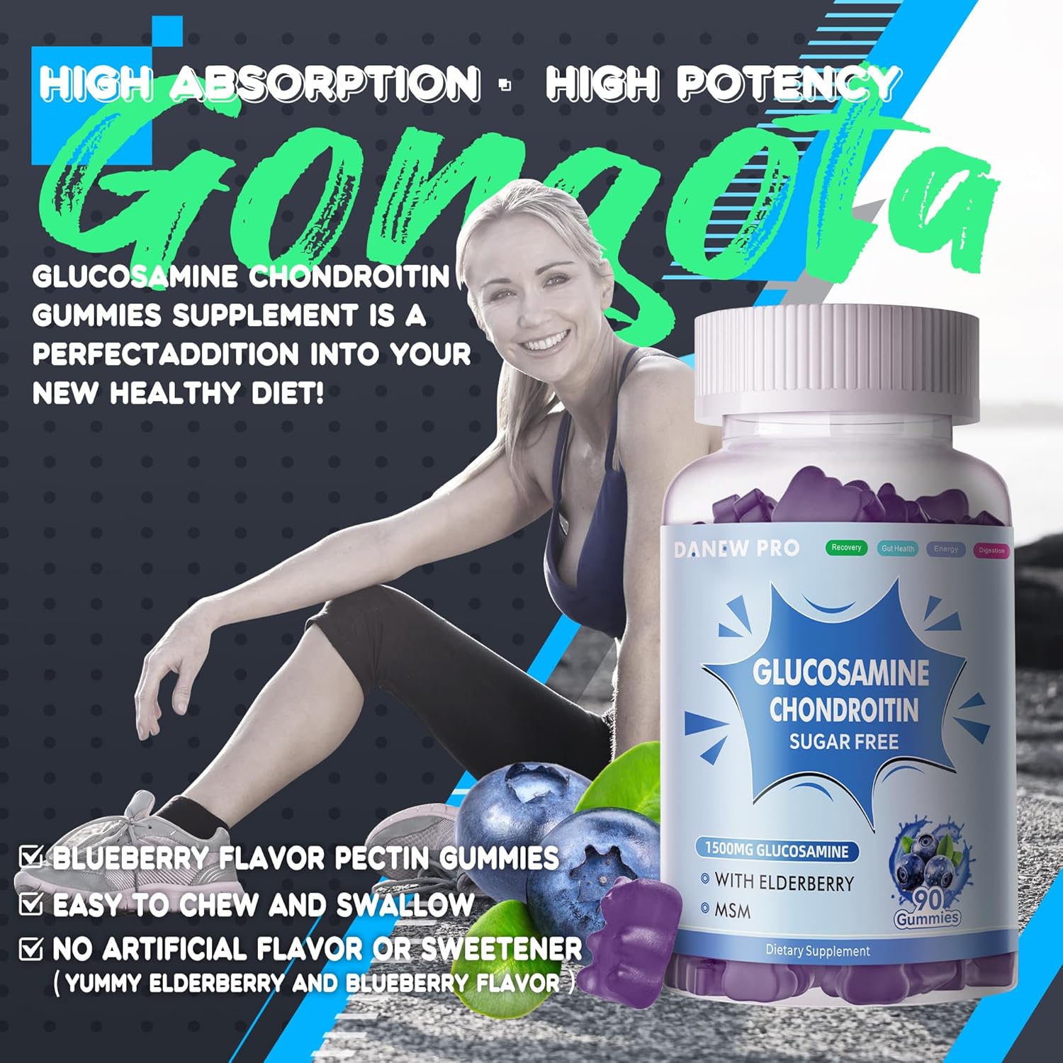 Extra Strength Glucosamine Chondroitin Gummies with MSM & Elderberry for Joint & Immune Support - 90 Gummies for Adults