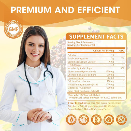 Extra Strength Glucosamine Chondroitin MSM Gummies with Elderberry Complex for Joint Health - Vegan Antioxidant Immune Support Supplement for Adults