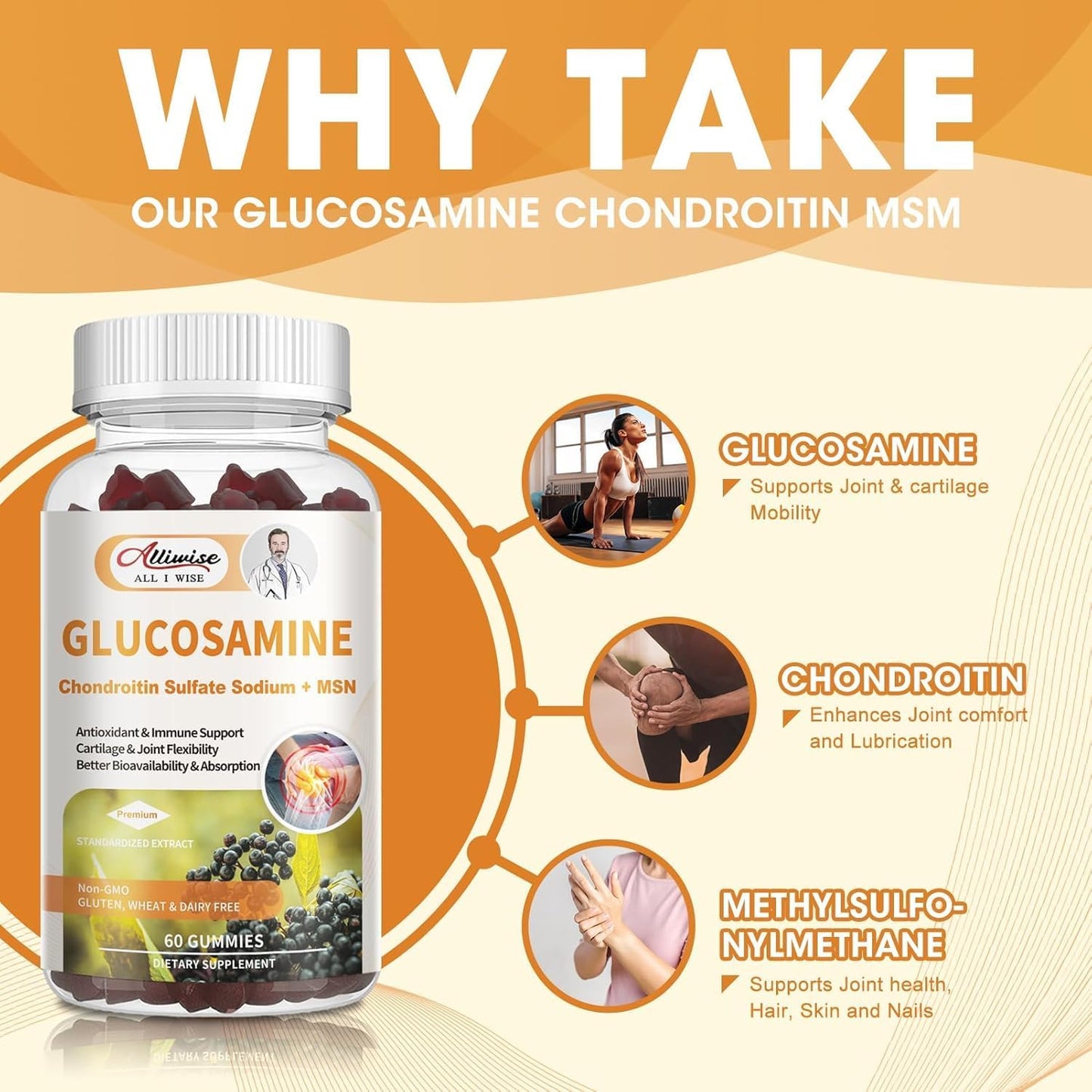 Extra Strength Glucosamine Chondroitin MSM Gummies with Elderberry Complex for Joint Health - Vegan Antioxidant Immune Support Supplement for Adults