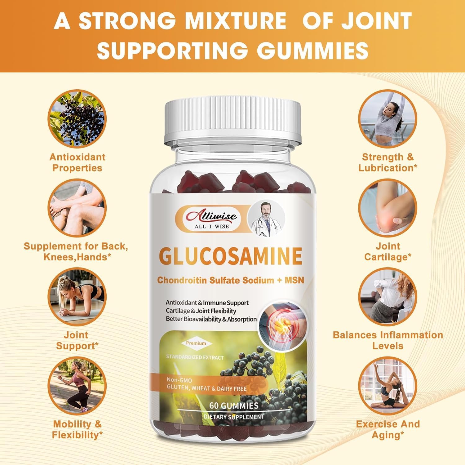Extra Strength Glucosamine Chondroitin MSM Gummies with Elderberry Complex for Joint Health - Vegan Antioxidant Immune Support Supplement for Adults