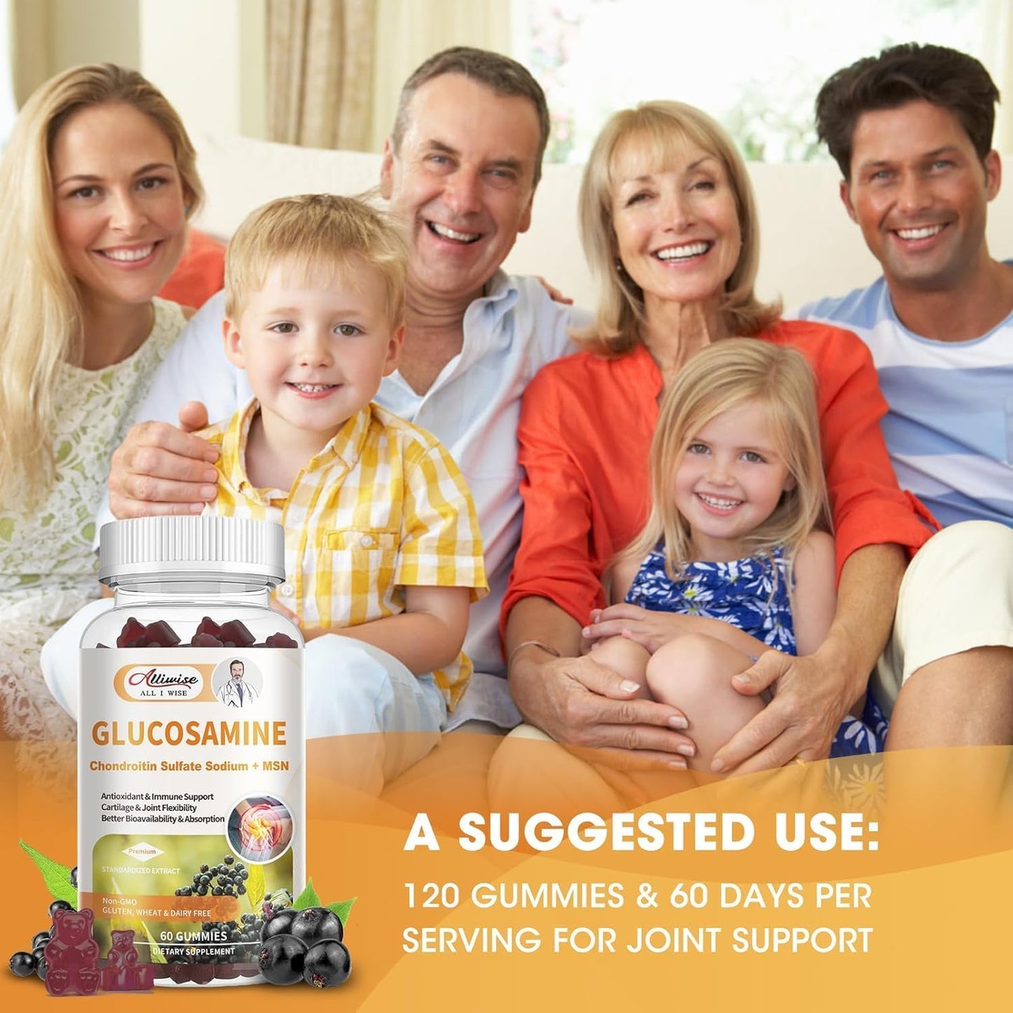 Extra Strength Glucosamine Chondroitin MSM Gummies with Elderberry Complex for Joint Health - Vegan Antioxidant Immune Support Supplement for Adults