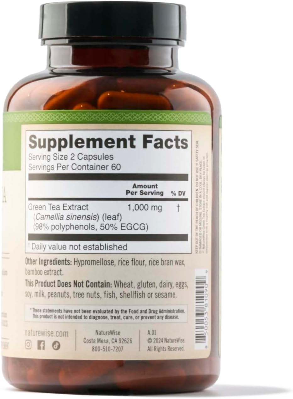 Extra Strength Green Tea Extract Capsules 1000mg - Rich in Antioxidants for Heart Health - Vegan & Gluten Free - 120 Count