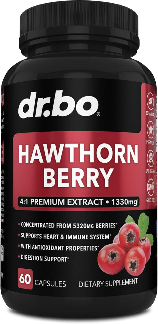 Extra Strength Hawthorn Berry Capsules - 1330mg Natural Extract for Heart Health - Digestion Supplement with Fresh Berries - Non-GMO - 60 Pills