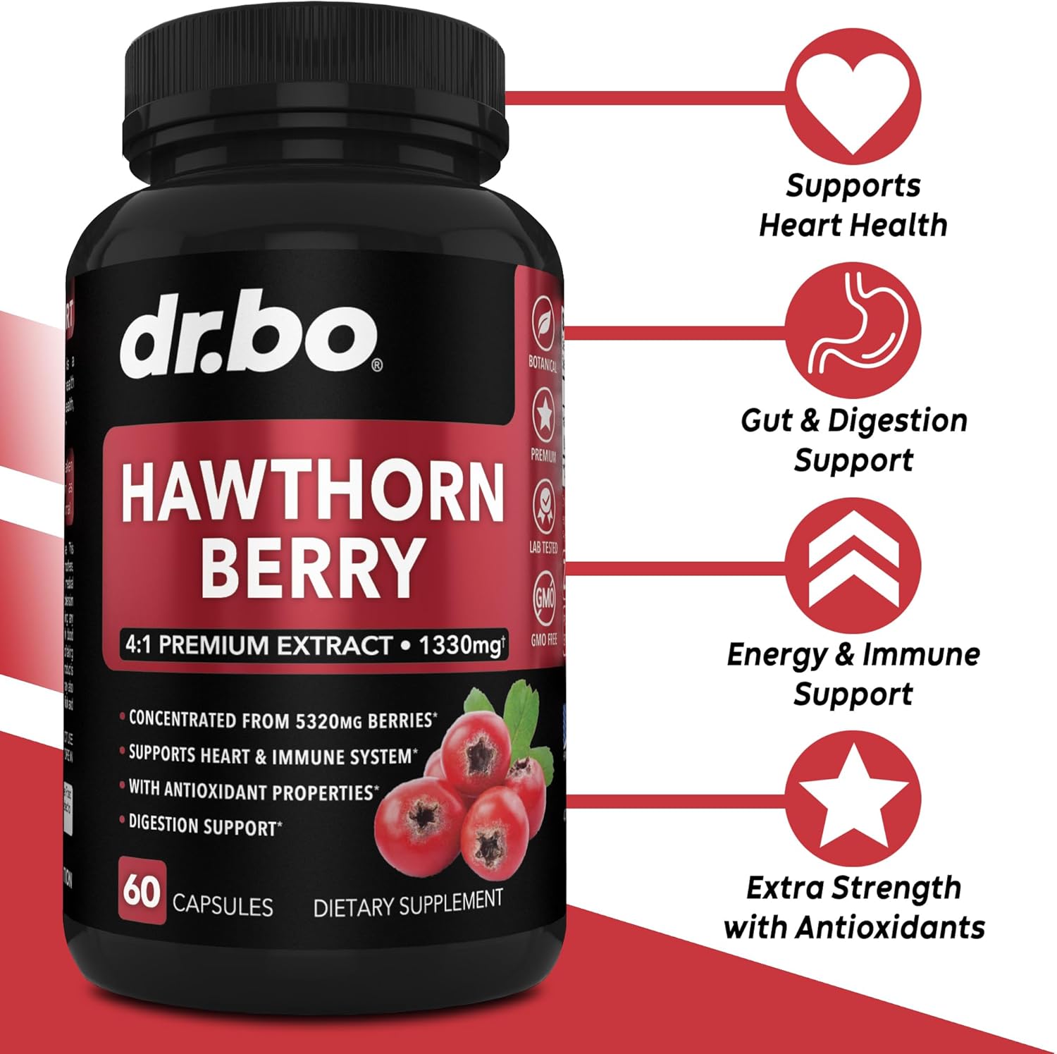 Extra Strength Hawthorn Berry Capsules - 1330mg Natural Extract for Heart Health - Digestion Supplement with Fresh Berries - Non-GMO - 60 Pills