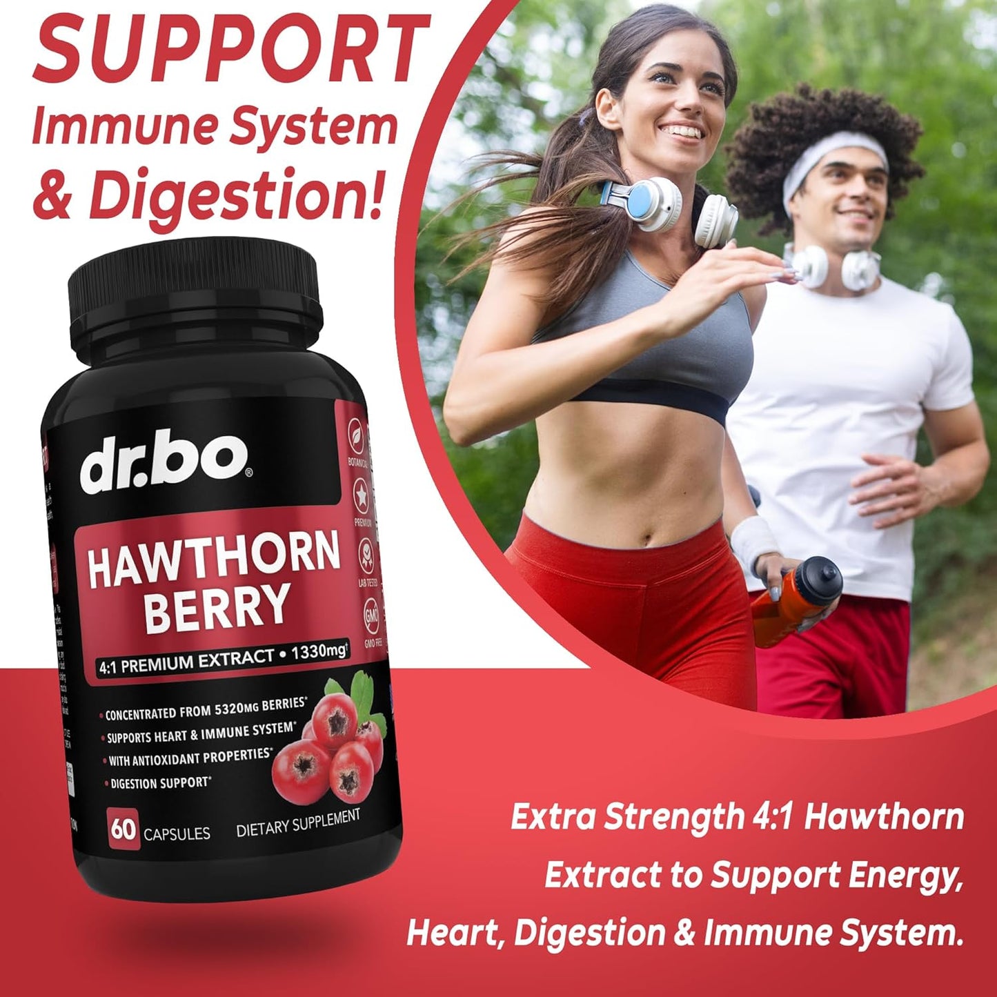 Extra Strength Hawthorn Berry Capsules - 1330mg Natural Extract for Heart Health - Digestion Supplement with Fresh Berries - Non-GMO - 60 Pills