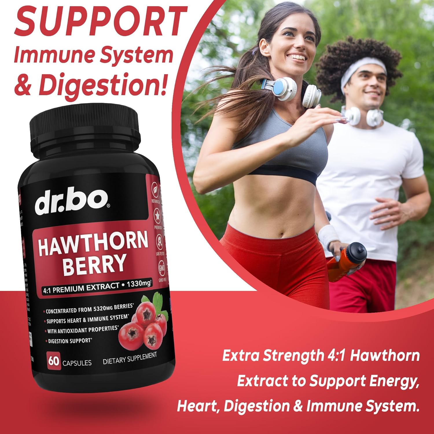 Extra Strength Hawthorn Berry Capsules - 1330mg Natural Extract for Heart Health - Digestion Supplement with Fresh Berries - Non-GMO - 60 Pills