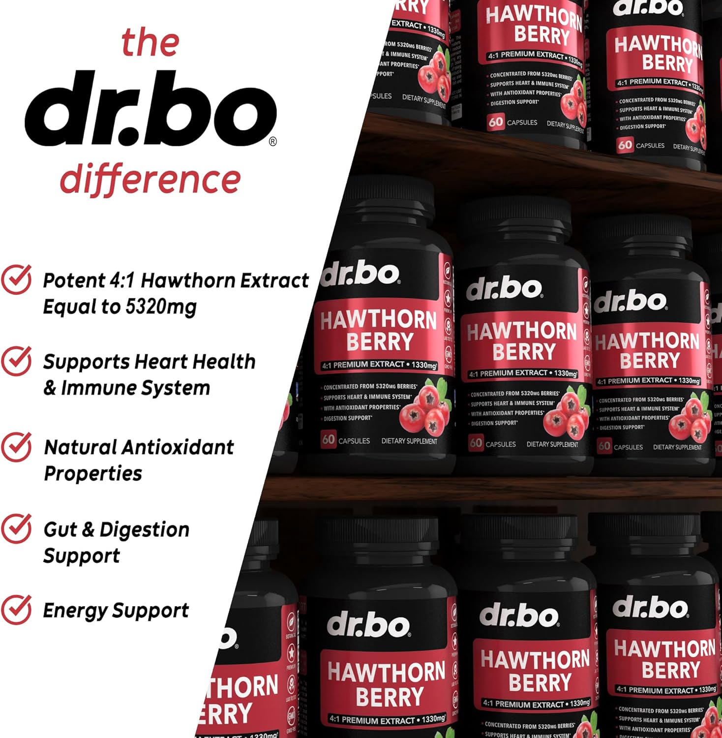 Extra Strength Hawthorn Berry Capsules - 1330mg Natural Extract for Heart Health - Digestion Supplement with Fresh Berries - Non-GMO - 60 Pills