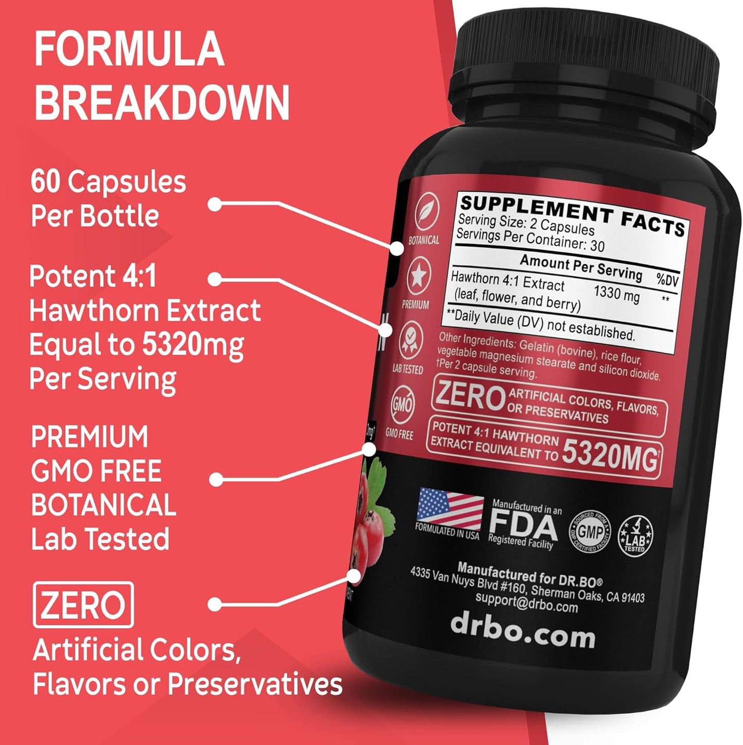 Extra Strength Hawthorn Berry Capsules - 1330mg Natural Extract for Heart Health - Digestion Supplement with Fresh Berries - Non-GMO - 60 Pills