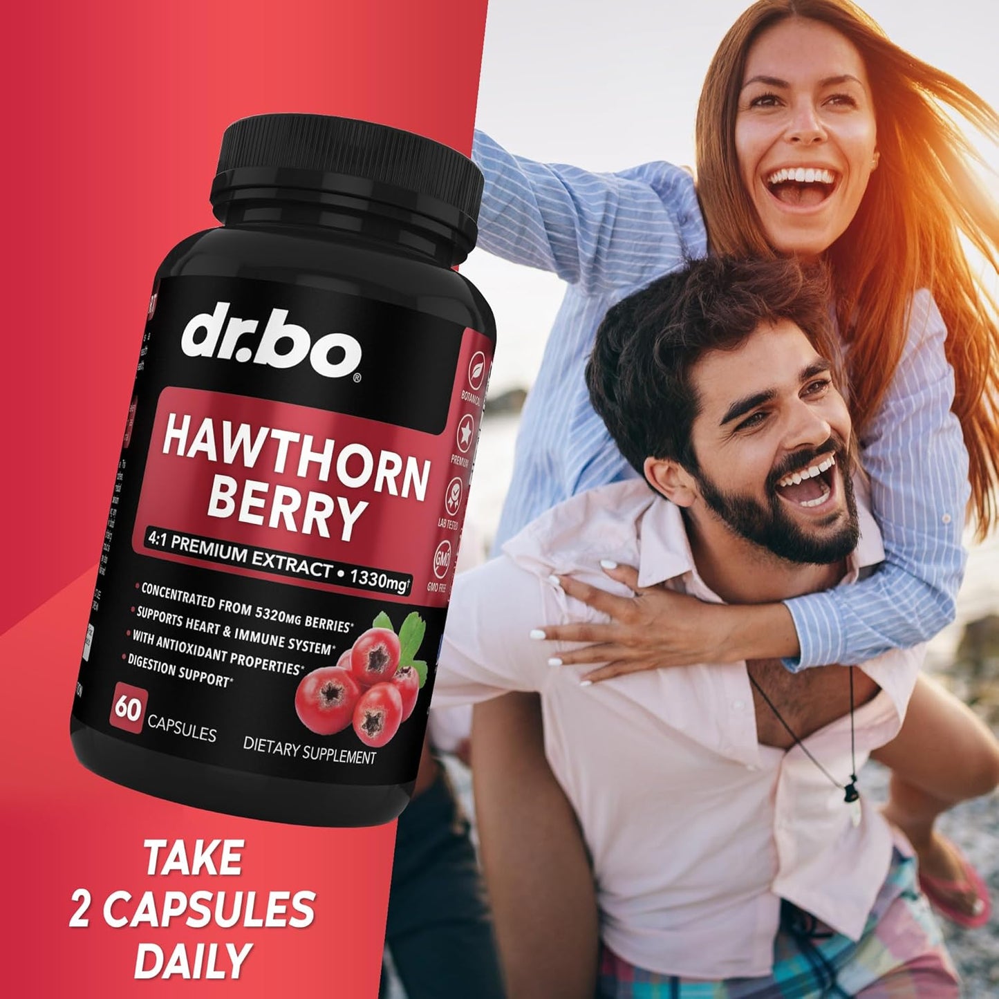 Extra Strength Hawthorn Berry Capsules - 1330mg Natural Extract for Heart Health - Digestion Supplement with Fresh Berries - Non-GMO - 60 Pills