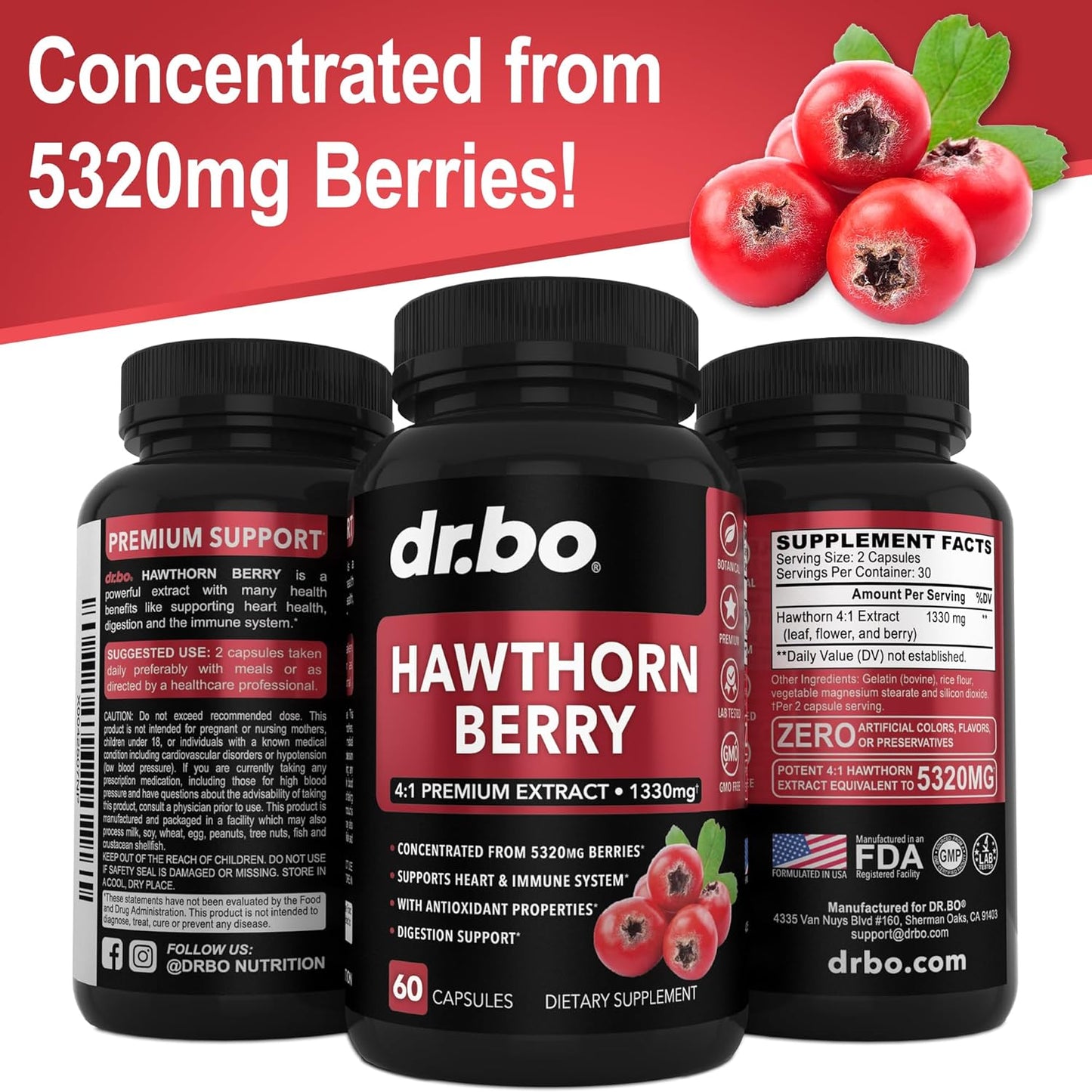 Extra Strength Hawthorn Berry Capsules - 1330mg Natural Extract for Heart Health - Digestion Supplement with Fresh Berries - Non-GMO - 60 Pills