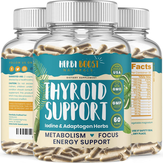 Extra Strength HERBI BOOST NATURALS Thyroid Support for Women - 1069mg Supplement with Iodine, Ashwagandha, L-Tyrosine, Zinc, Selenium - Metabolism & Focus Booster