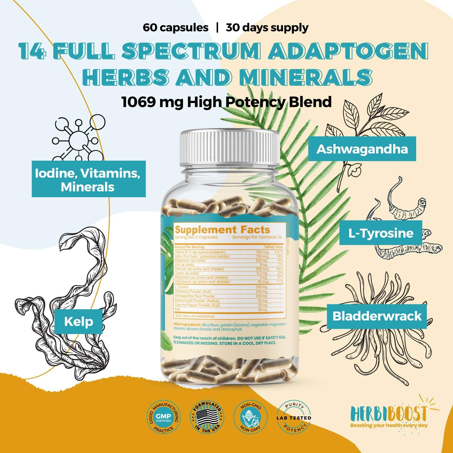 Extra Strength HERBI BOOST NATURALS Thyroid Support for Women - 1069mg Supplement with Iodine, Ashwagandha, L-Tyrosine, Zinc, Selenium - Metabolism & Focus Booster