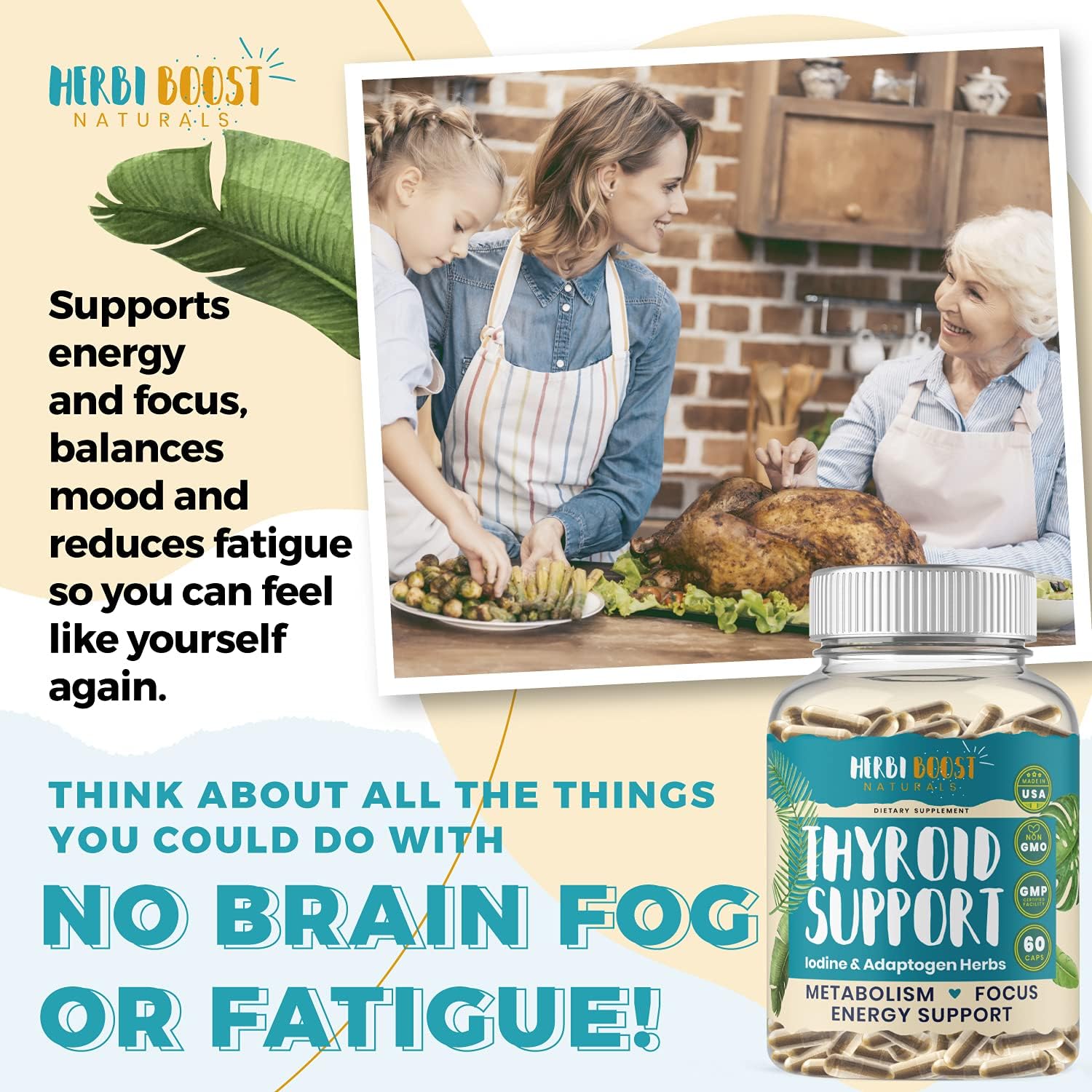 Extra Strength HERBI BOOST NATURALS Thyroid Support for Women - 1069mg Supplement with Iodine, Ashwagandha, L-Tyrosine, Zinc, Selenium - Metabolism & Focus Booster