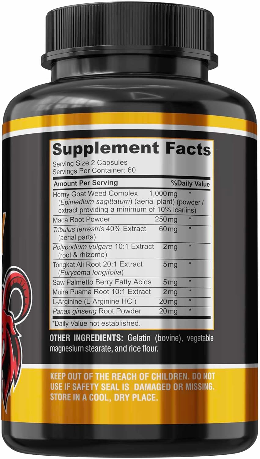 Extra Strength Horny Goat Weed Blend with Maca, Arginine, Ginseng - Libido & Energy Support, Non-GMO - 120 Capsules