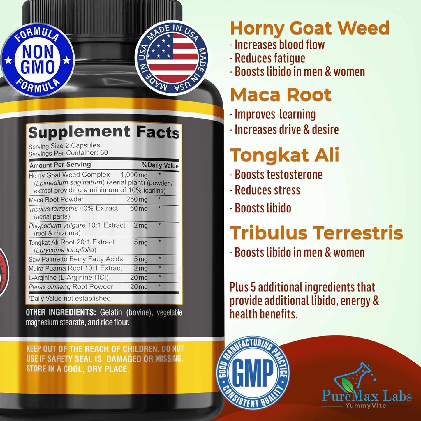 Extra Strength Horny Goat Weed Blend with Maca, Arginine, Ginseng - Libido & Energy Support, Non-GMO - 120 Capsules