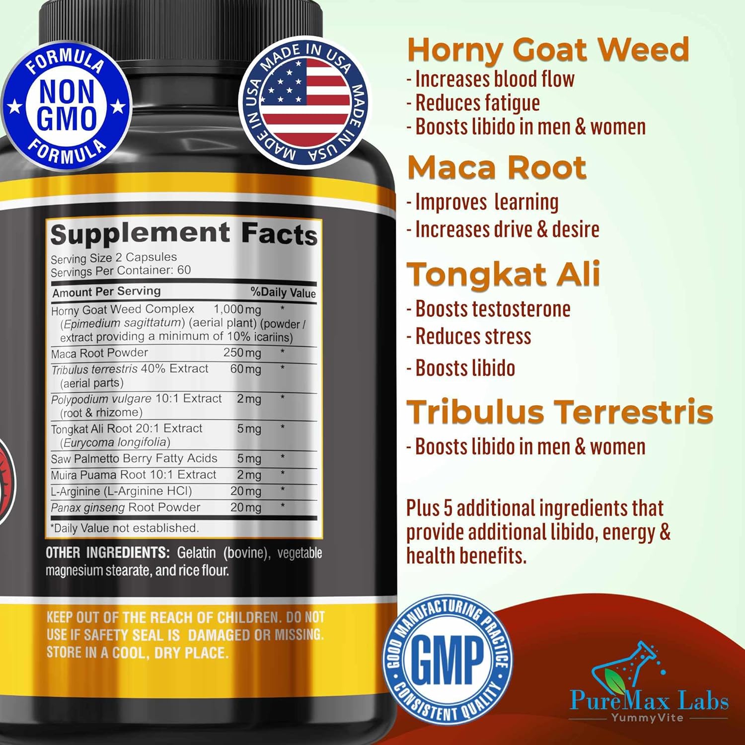 Extra Strength Horny Goat Weed Blend with Maca, Arginine, Ginseng - Libido & Energy Support, Non-GMO - 120 Capsules