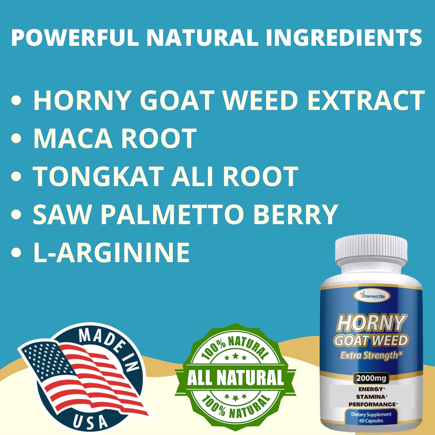 Extra Strength Horny Goat Weed Extract with Maca, L-Arginine, Tongkat Ali - Energy & Stamina Booster for Men & Women - Diamond Elite Health Products - 60 Capsules