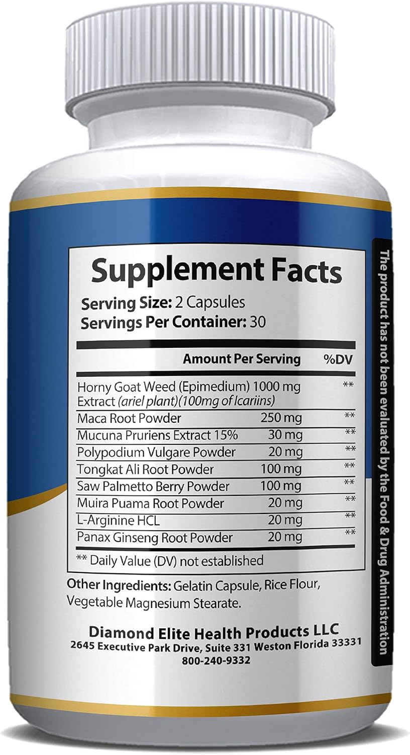 Extra Strength Horny Goat Weed Extract with Maca, L-Arginine, Tongkat Ali - Energy & Stamina Booster for Men & Women - Diamond Elite Health Products - 60 Capsules