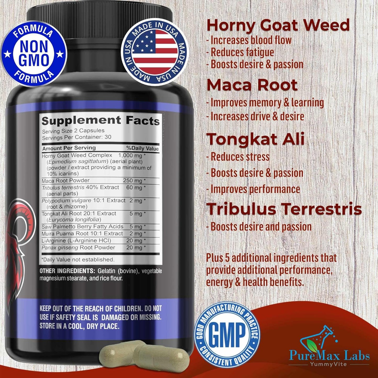 Extra Strength Horny Goat Weed with Maca, L-Arginine, and Ginseng - Boost Desire, Performance, Stamina, and Energy - Non-GMO Formula - 60 Capsules