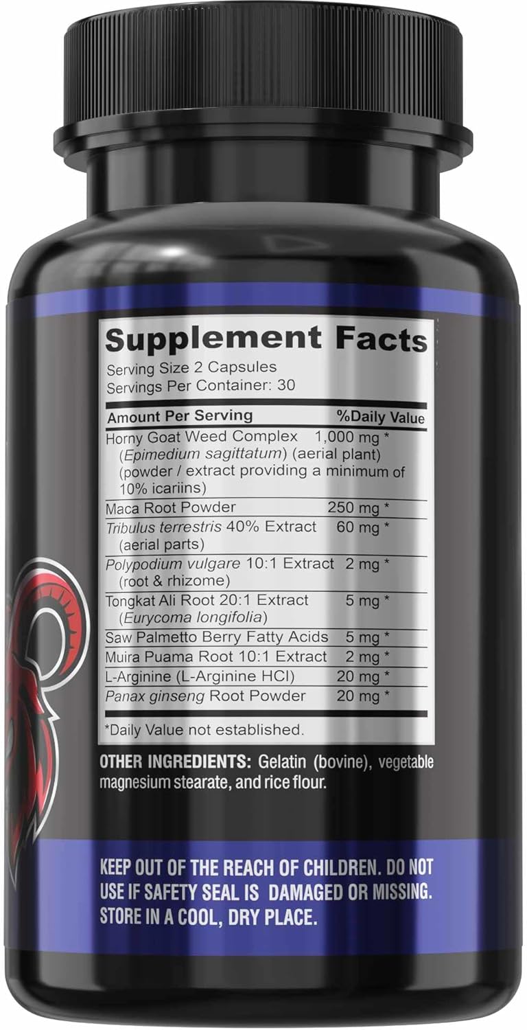 Extra Strength Horny Goat Weed with Maca, L-Arginine, and Ginseng - Boost Desire, Performance, Stamina, and Energy - Non-GMO Formula - 60 Capsules
