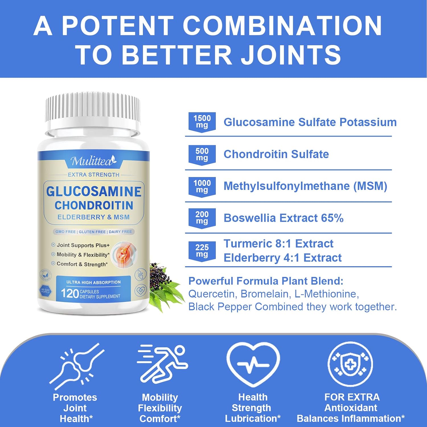 Extra Strength Joint Support Capsules with Glucosamine, Chondroitin, MSM, Elderberry, Boswellia, and Turmeric - Natural Supplement for Men & Women, Antioxidant and Immune Support, Helps with Inflammation