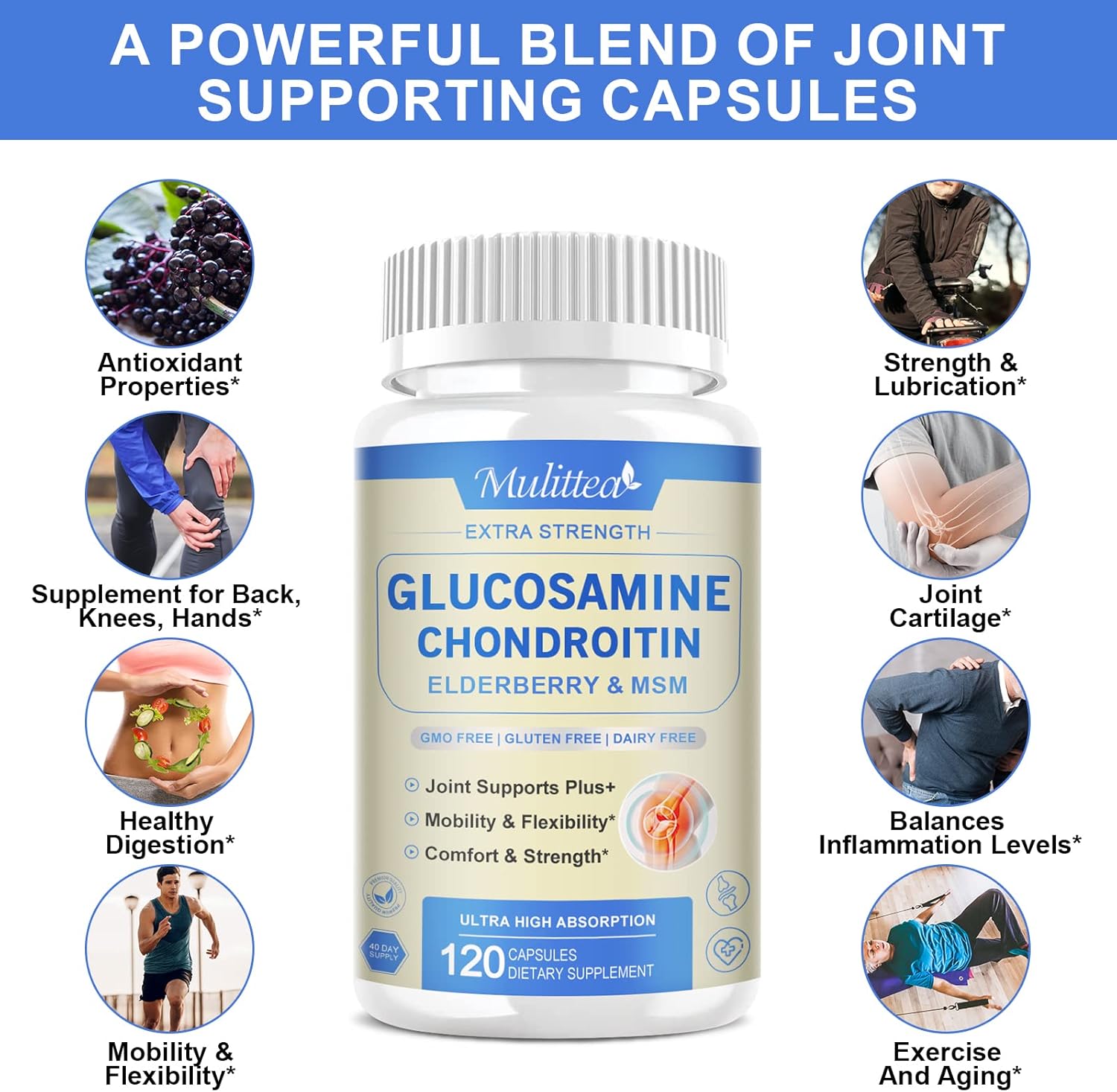 Extra Strength Joint Support Capsules with Glucosamine, Chondroitin, MSM, Elderberry, Boswellia, and Turmeric - Natural Supplement for Men & Women, Antioxidant and Immune Support, Helps with Inflammation