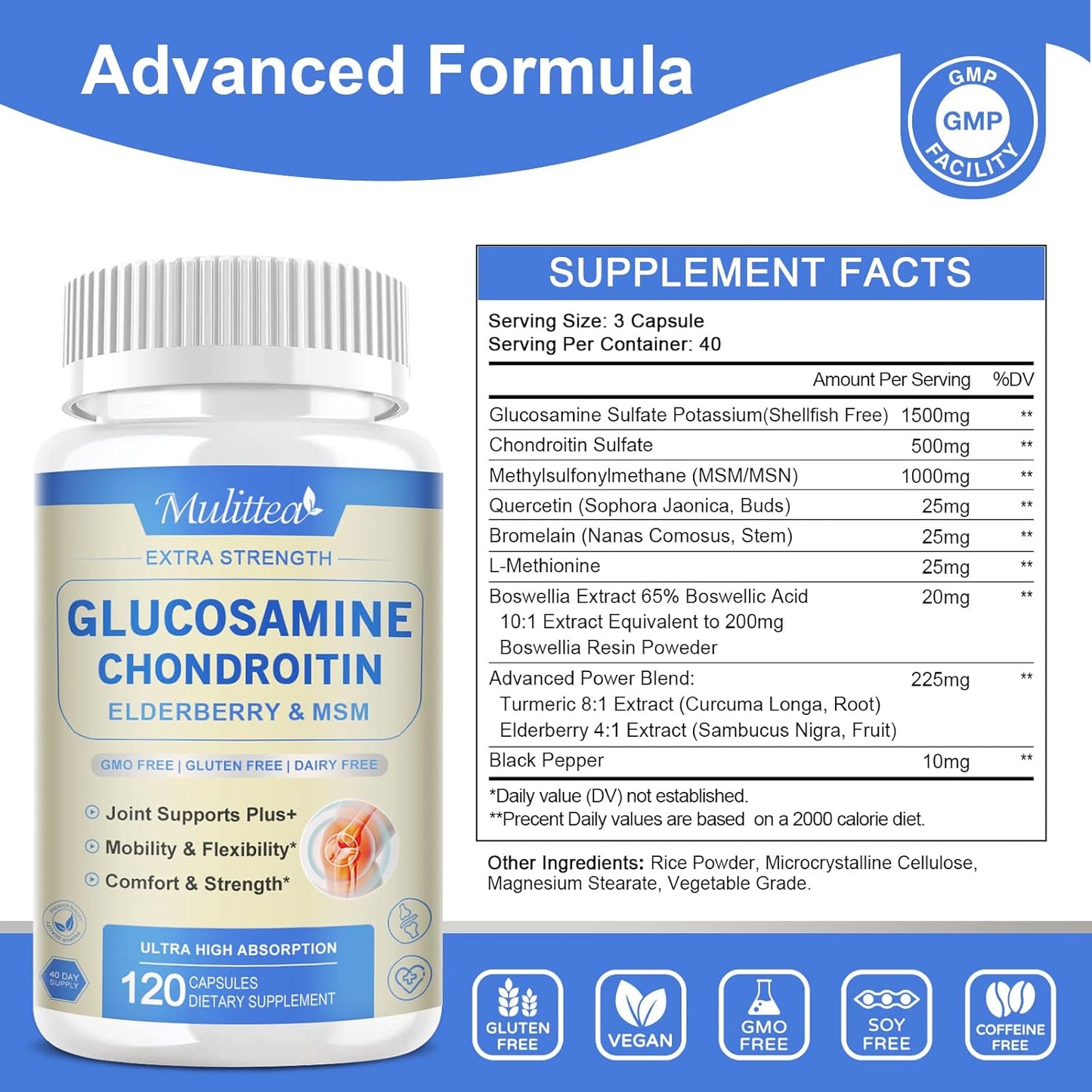 Extra Strength Joint Support Capsules with Glucosamine, Chondroitin, MSM, Elderberry, Boswellia, and Turmeric - Natural Supplement for Men & Women, Antioxidant and Immune Support, Helps with Inflammation