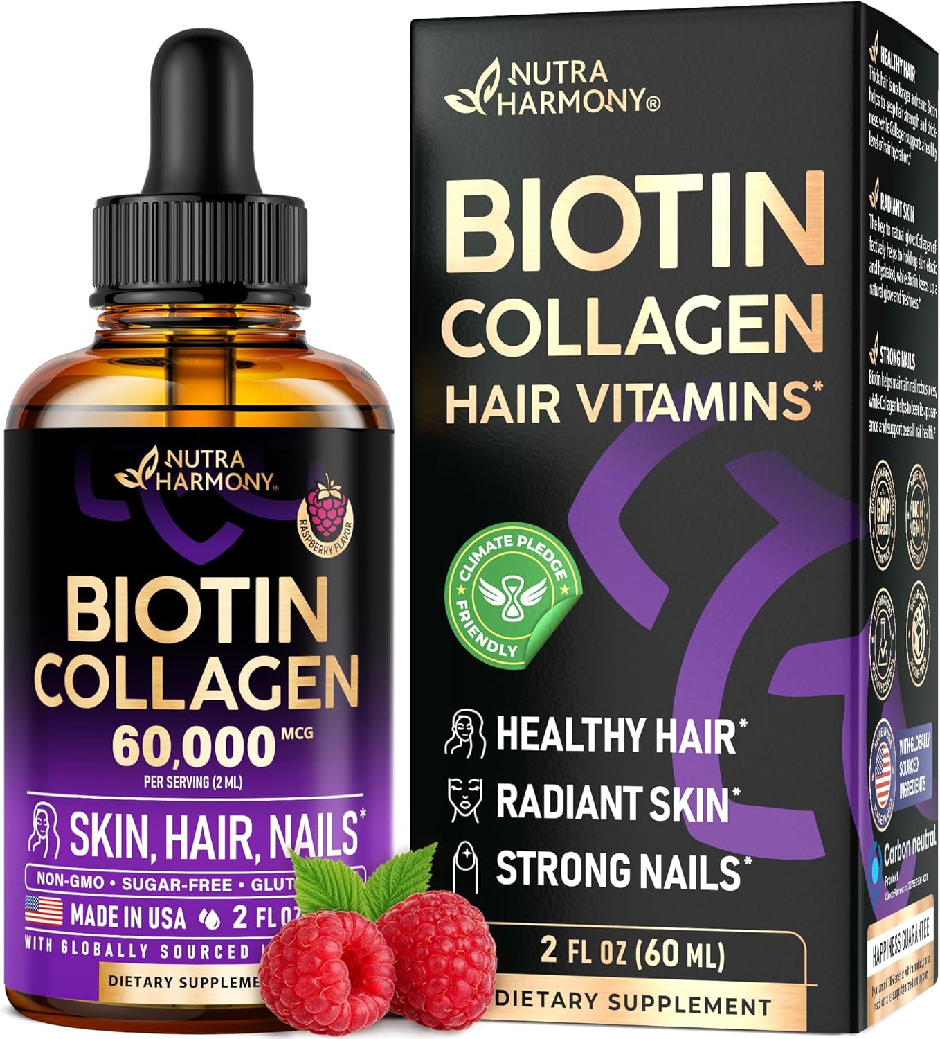 Extra Strength Liquid Biotin & Collagen Drops for Hair Growth - 60000 mcg B7 Supplement - Fast Absorption - Strong Nails & Skin - Men & Women