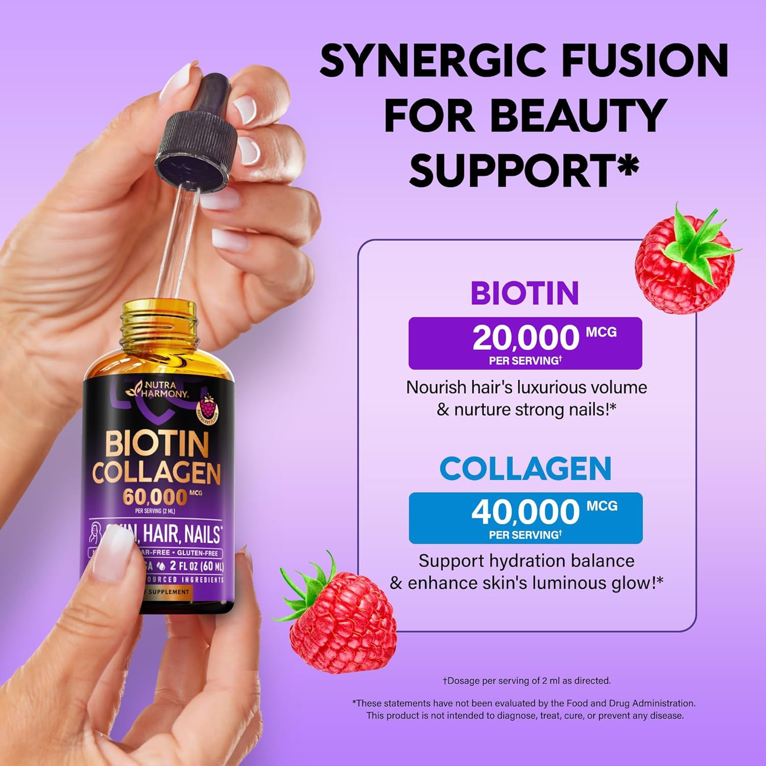 Extra Strength Liquid Biotin & Collagen Drops for Hair Growth - 60000 mcg B7 Supplement - Fast Absorption - Strong Nails & Skin - Men & Women