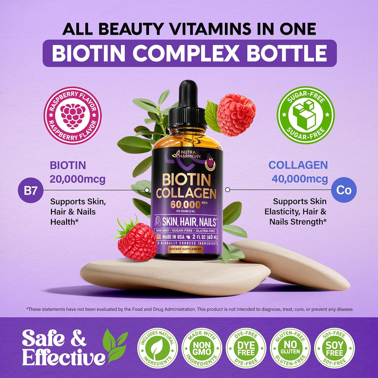 Extra Strength Liquid Biotin & Collagen Drops for Hair Growth - 60000 mcg B7 Supplement - Fast Absorption - Strong Nails & Skin - Men & Women