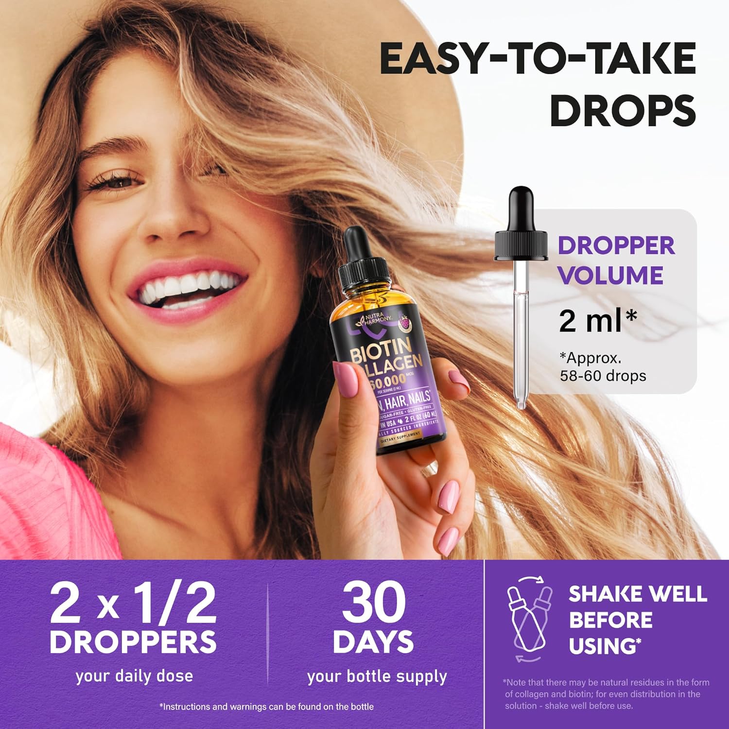 Extra Strength Liquid Biotin & Collagen Drops for Hair Growth - 60000 mcg B7 Supplement - Fast Absorption - Strong Nails & Skin - Men & Women