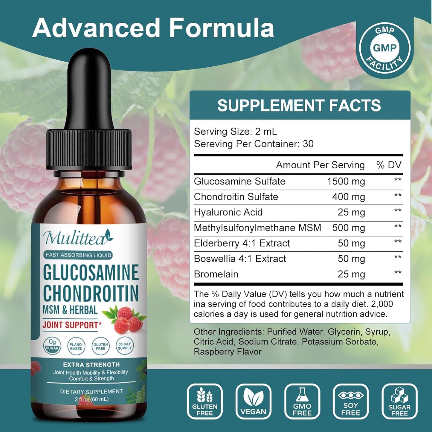Extra Strength Liquid Joint Support Supplement with Glucosamine, Chondroitin, MSM, Elderberry, Boswelia & Hyaluronic Acid for Mobility, Flexibility & Bone Health - High Absorption - 60ml