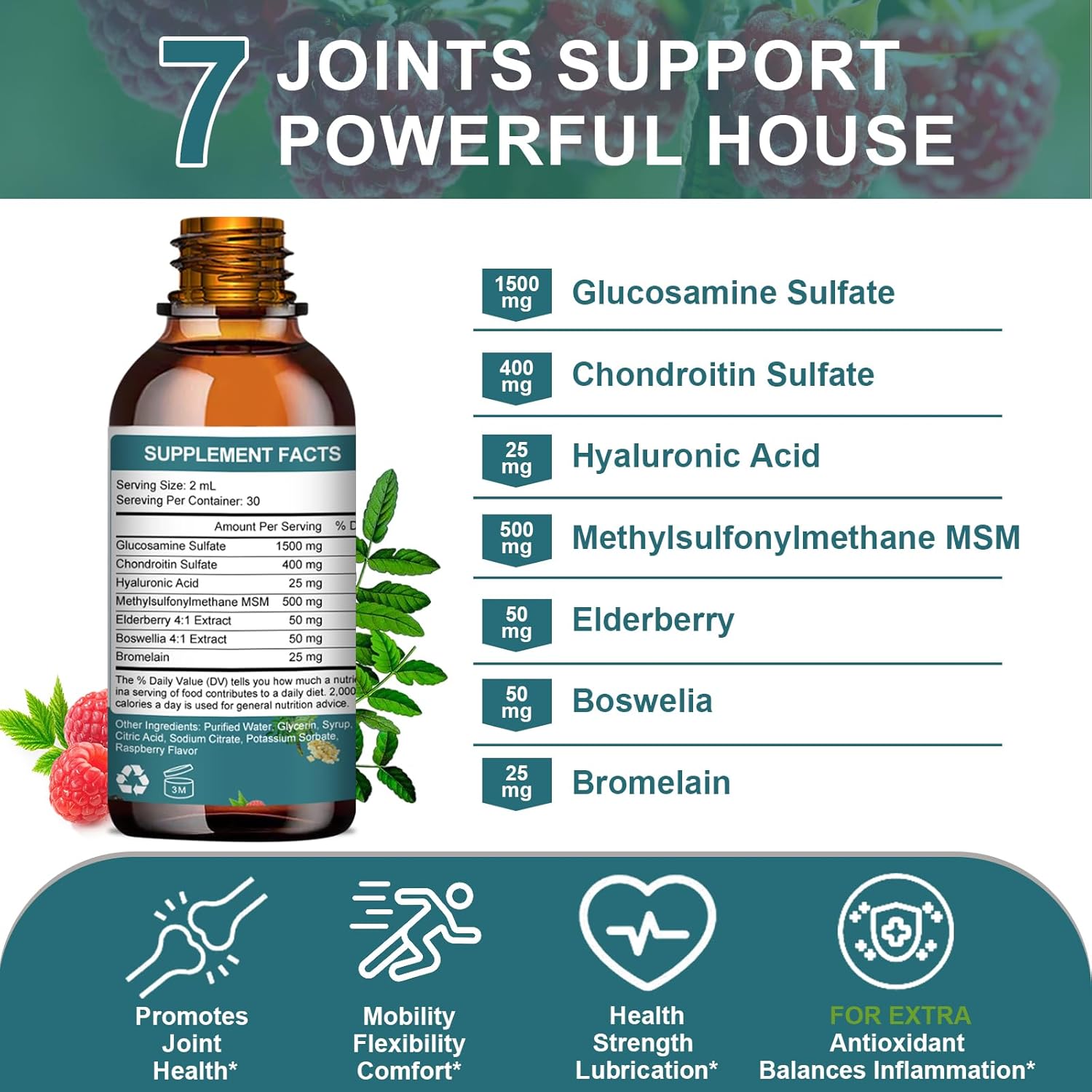 Extra Strength Liquid Joint Support Supplement with Glucosamine, Chondroitin, MSM, Elderberry, Boswelia & Hyaluronic Acid for Mobility, Flexibility & Bone Health - High Absorption - 60ml
