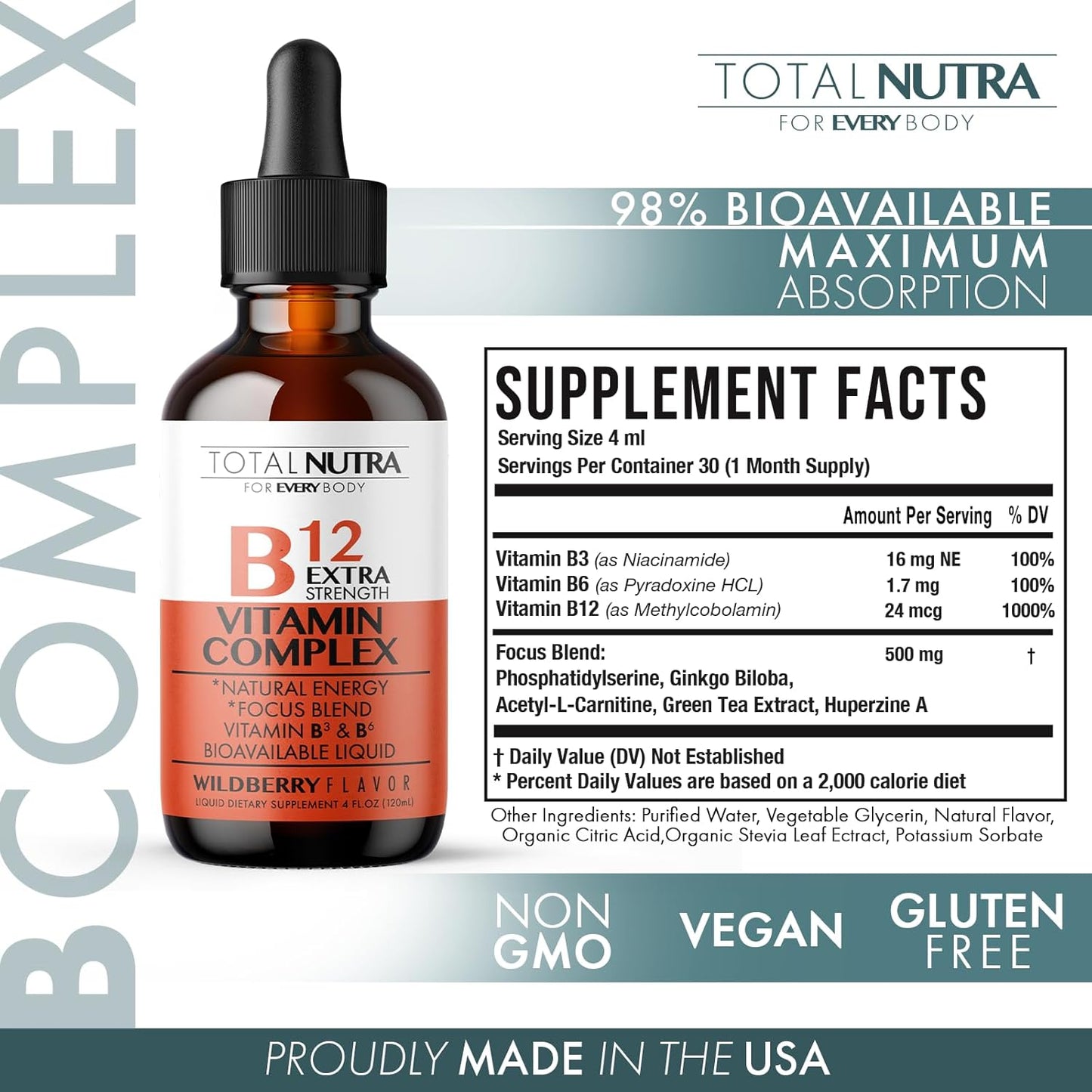 Extra Strength Liquid Vitamin B12 Drops with B6 and B3 - Vegan & Non GMO - Instant Energy Boost, Focus, Metabolism Support - Green Tea, Carnitine, Ginkgo Biloba - Alternative to B Complex Capsules