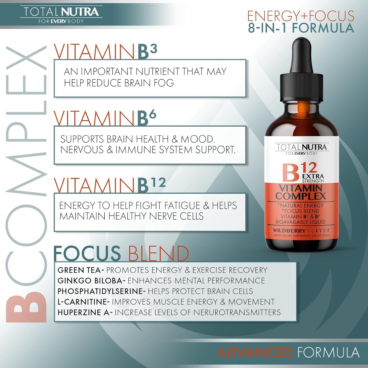Extra Strength Liquid Vitamin B12 Drops with B6 and B3 - Vegan & Non GMO - Instant Energy Boost, Focus, Metabolism Support - Green Tea, Carnitine, Ginkgo Biloba - Alternative to B Complex Capsules