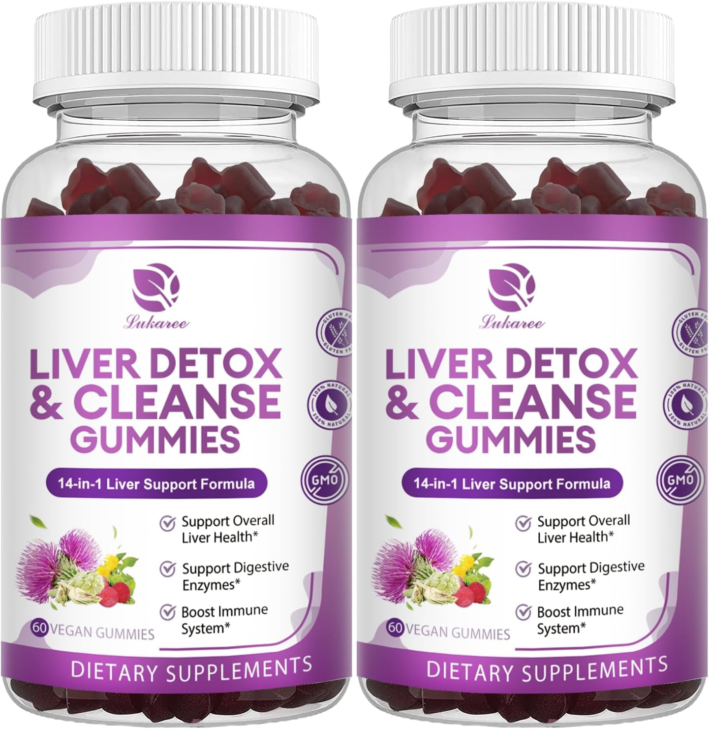 Extra Strength Lukaree Liver Cleanse Detox Gummies - 14-in-1 Liver Support with Milk Thistle, Dandelion, Artichoke, and Elderberry - No Sugar - 120 Count
