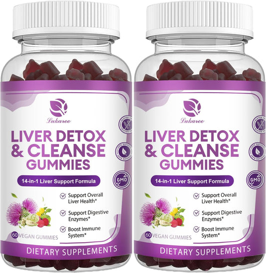 Extra Strength Lukaree Liver Cleanse Detox Gummies - 14-in-1 Liver Support with Milk Thistle, Dandelion, Artichoke, and Elderberry - No Sugar - 120 Count