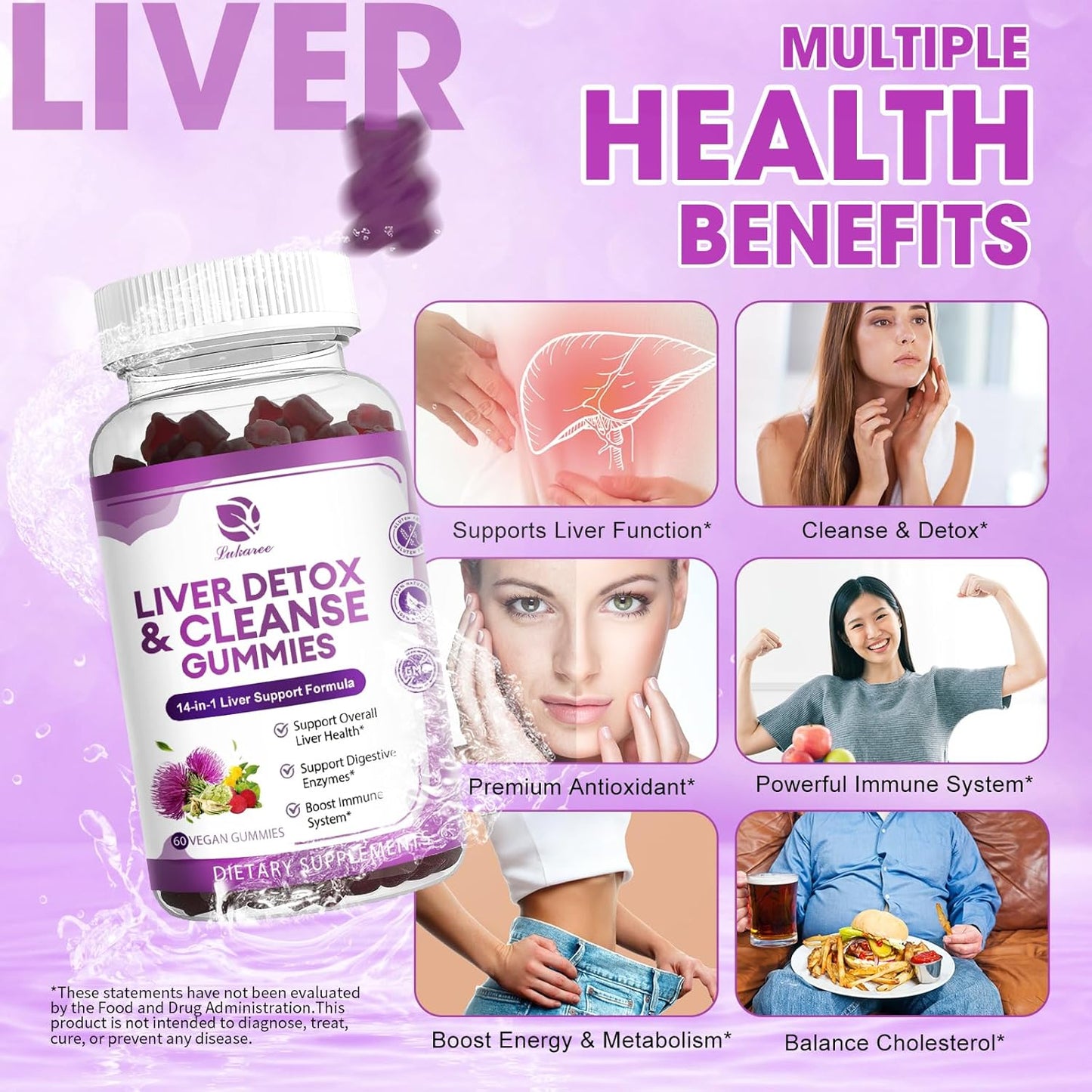 Extra Strength Lukaree Liver Cleanse Detox Gummies - 14-in-1 Liver Support with Milk Thistle, Dandelion, Artichoke, and Elderberry - No Sugar - 120 Count