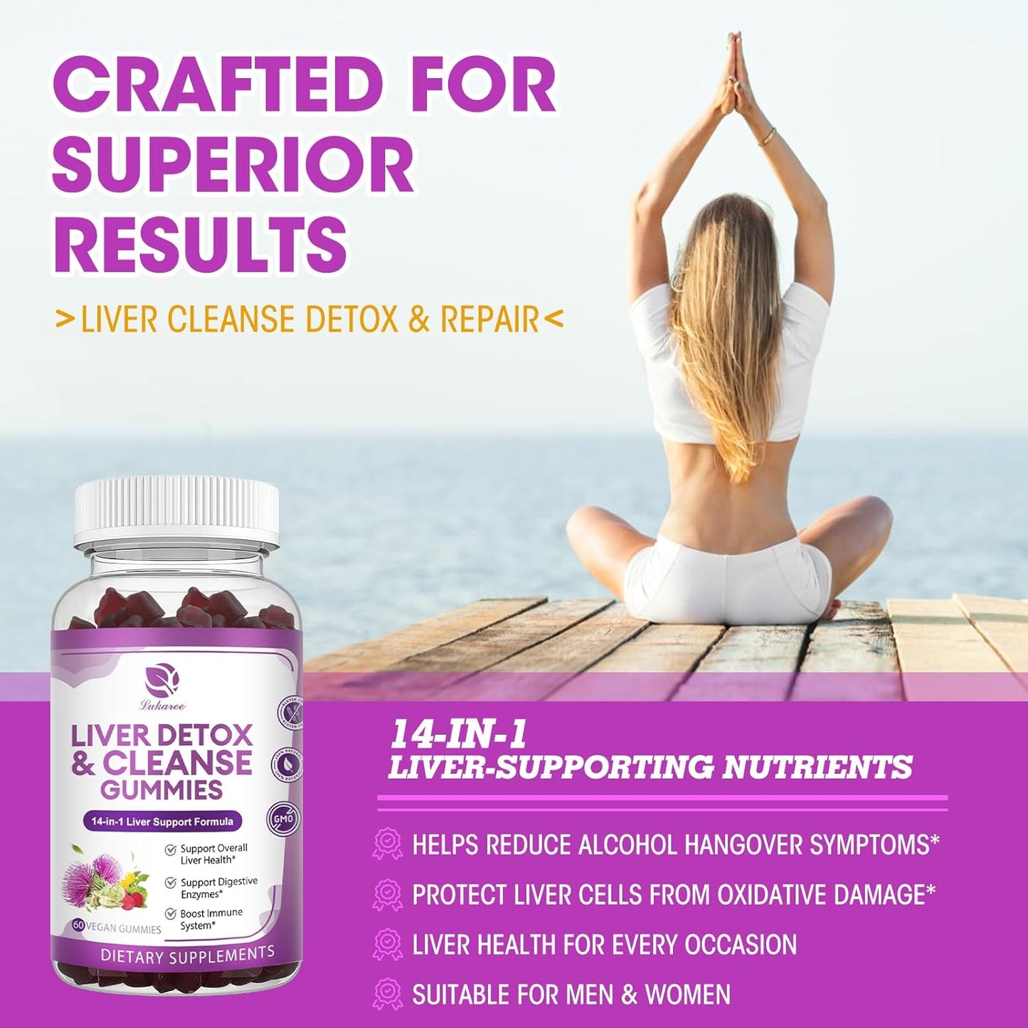 Extra Strength Lukaree Liver Cleanse Detox Gummies - 14-in-1 Liver Support with Milk Thistle, Dandelion, Artichoke, and Elderberry - No Sugar - 120 Count