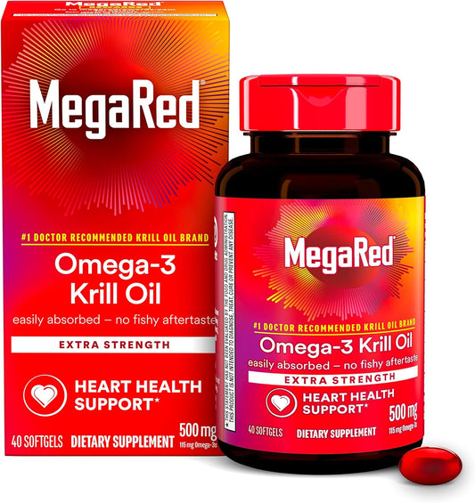 Extra Strength MegaRed Omega-3 Krill Oil Softgels (40 Count) - No Fishy Aftertaste, 500mg Omega-3