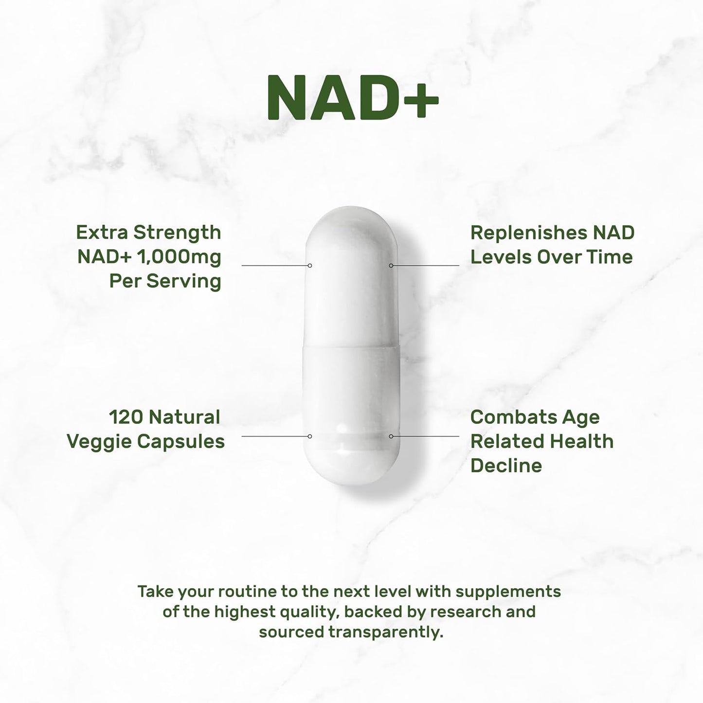 Extra Strength NAD+ Supplement 1,000mg - 120 Veggie Capsules for Healthy Aging & Energy Boost - Non-GMO NAD Booster with Brain Support