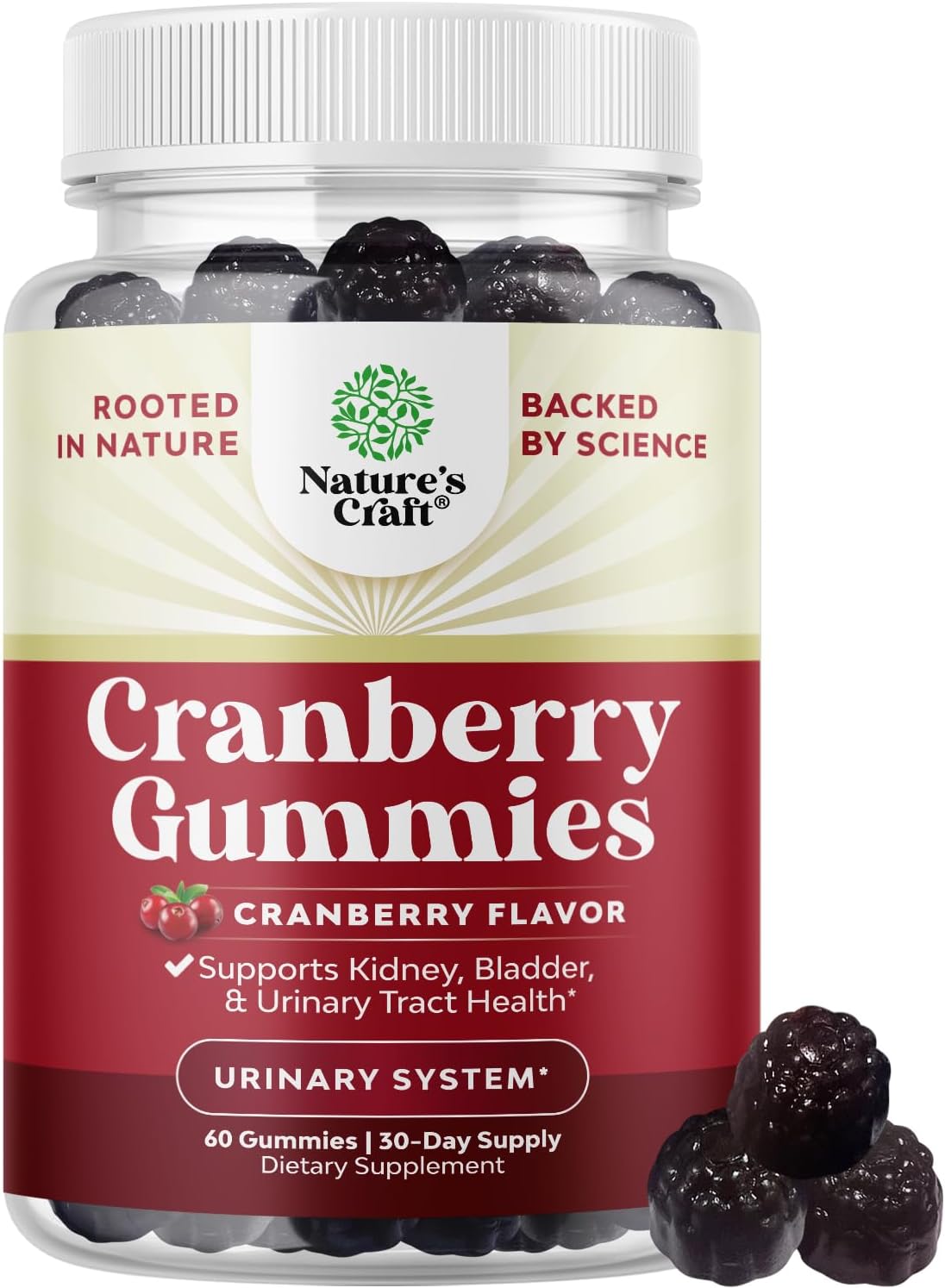 Extra Strength Natural Cranberry Gummies for Women and Men - Delicious Antioxidant Chews for Urinary Tract Health - Kidney & Bladder Support - Vegan, Gluten & Gelatin Free