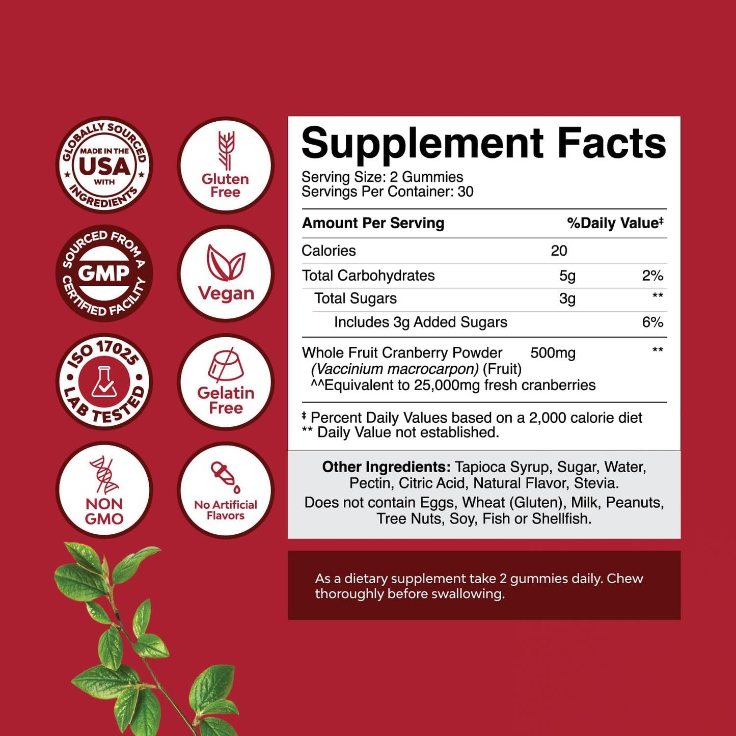 Extra Strength Natural Cranberry Gummies for Women and Men - Delicious Antioxidant Chews for Urinary Tract Health - Kidney & Bladder Support - Vegan, Gluten & Gelatin Free