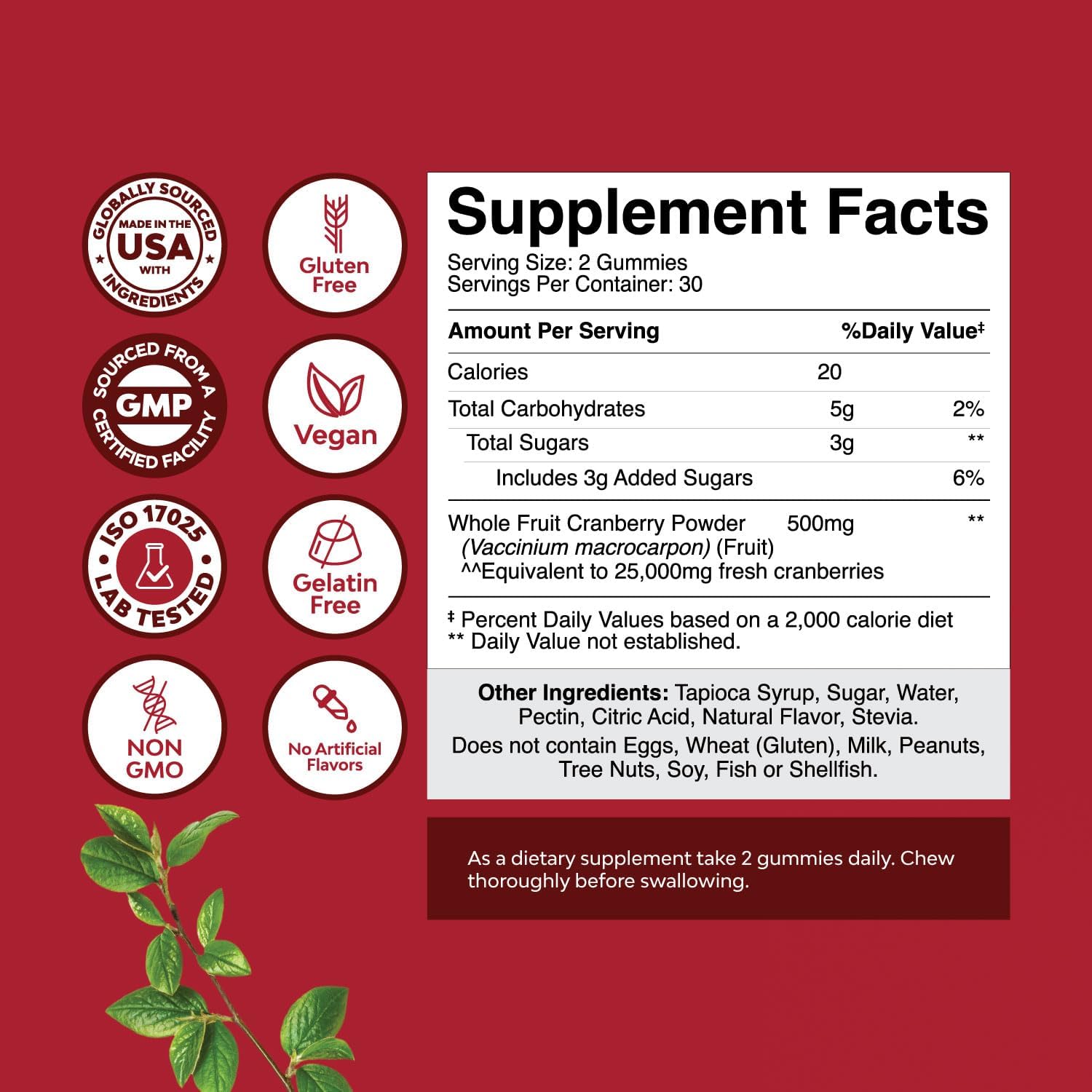 Extra Strength Natural Cranberry Gummies for Women and Men - Delicious Antioxidant Chews for Urinary Tract Health - Kidney & Bladder Support - Vegan, Gluten & Gelatin Free