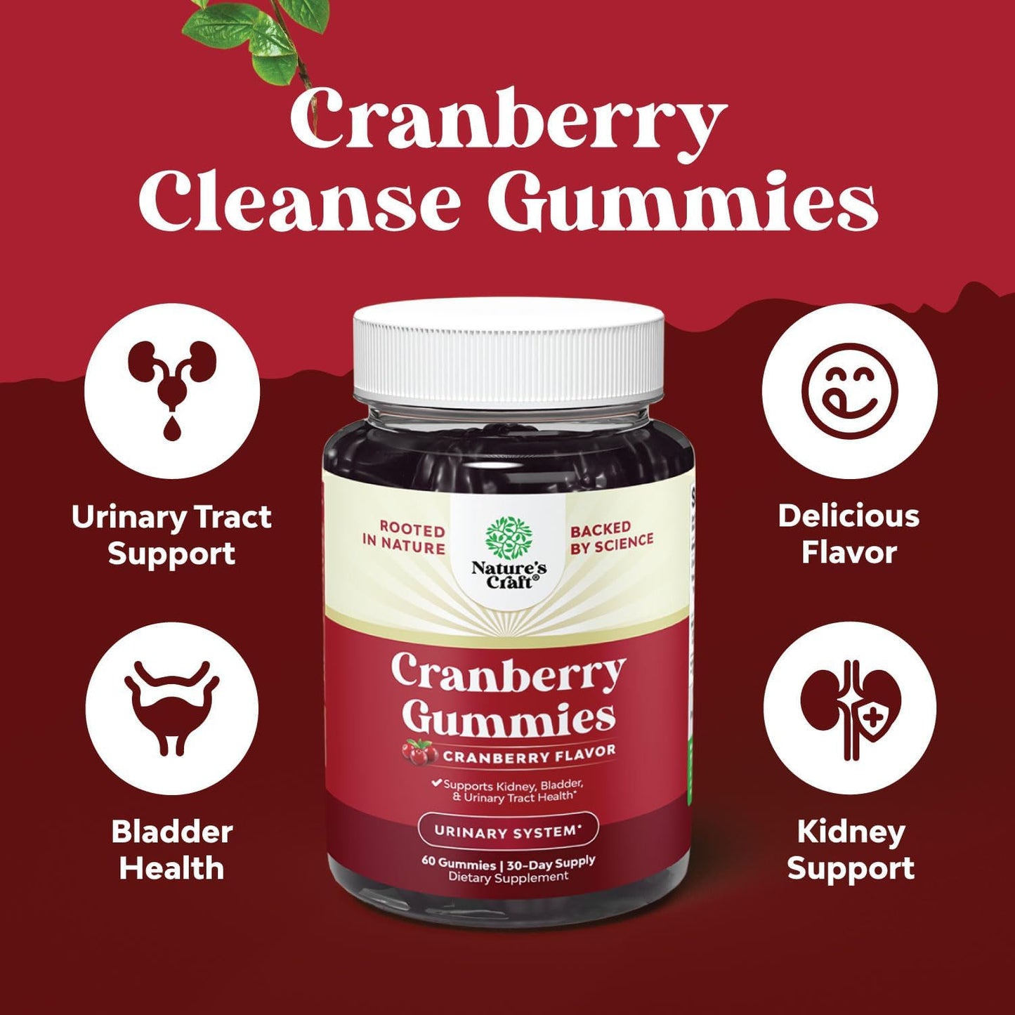 Extra Strength Natural Cranberry Gummies for Women and Men - Delicious Antioxidant Chews for Urinary Tract Health - Kidney & Bladder Support - Vegan, Gluten & Gelatin Free