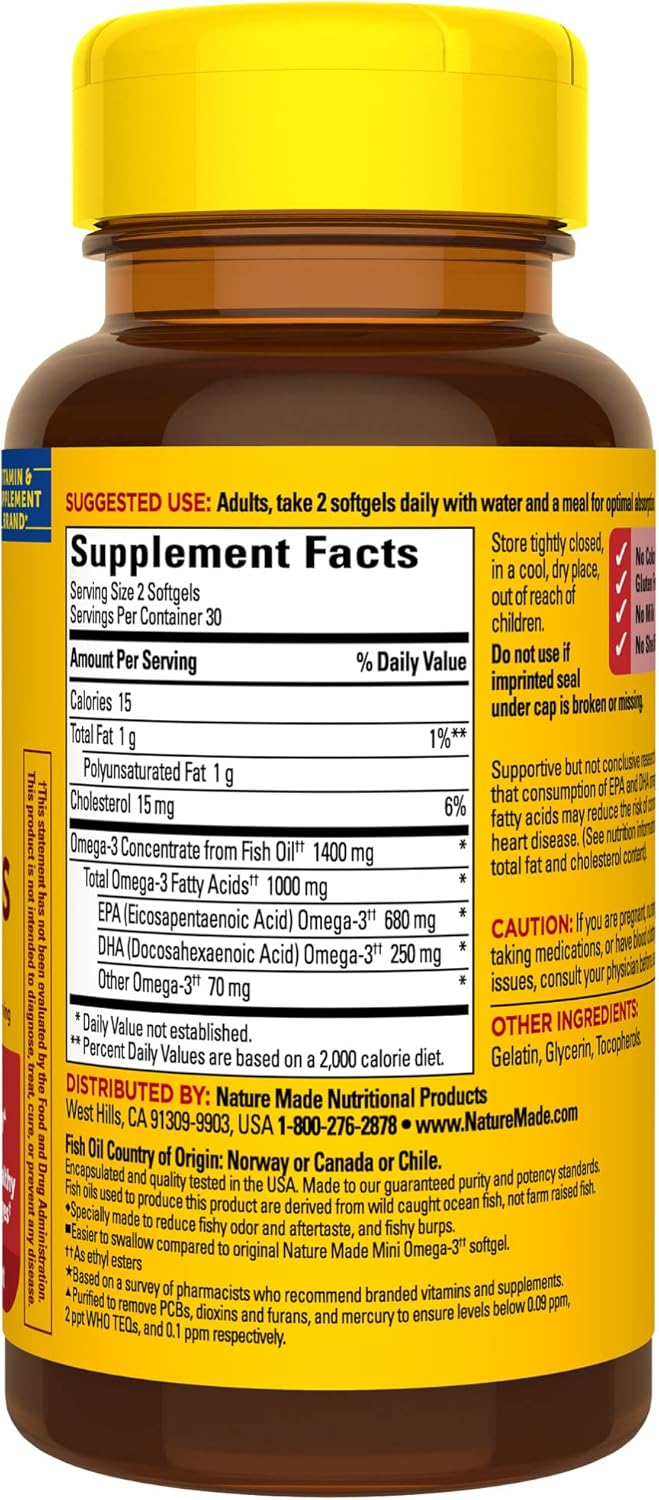Extra Strength Nature Made Omega-3 Fish Oil 1400 mg Minis, Ethyl Esters for Heart, Brain, and Eye Support - 60 Softgels