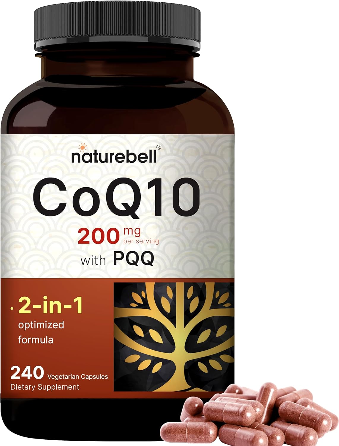 Extra Strength NatureBell CoQ10 (Ubiquinone) 200mg with PQQ - 240 Veg Capsules for Brain, Heart & Energy - High Absorption Antioxidant Support
