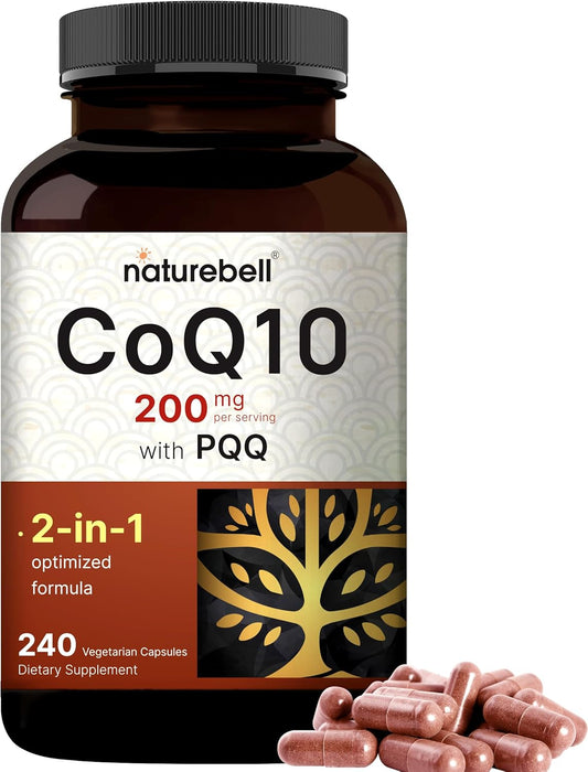 Extra Strength NatureBell CoQ10 (Ubiquinone) 200mg with PQQ - 240 Veg Capsules for Brain, Heart & Energy - High Absorption Antioxidant Support