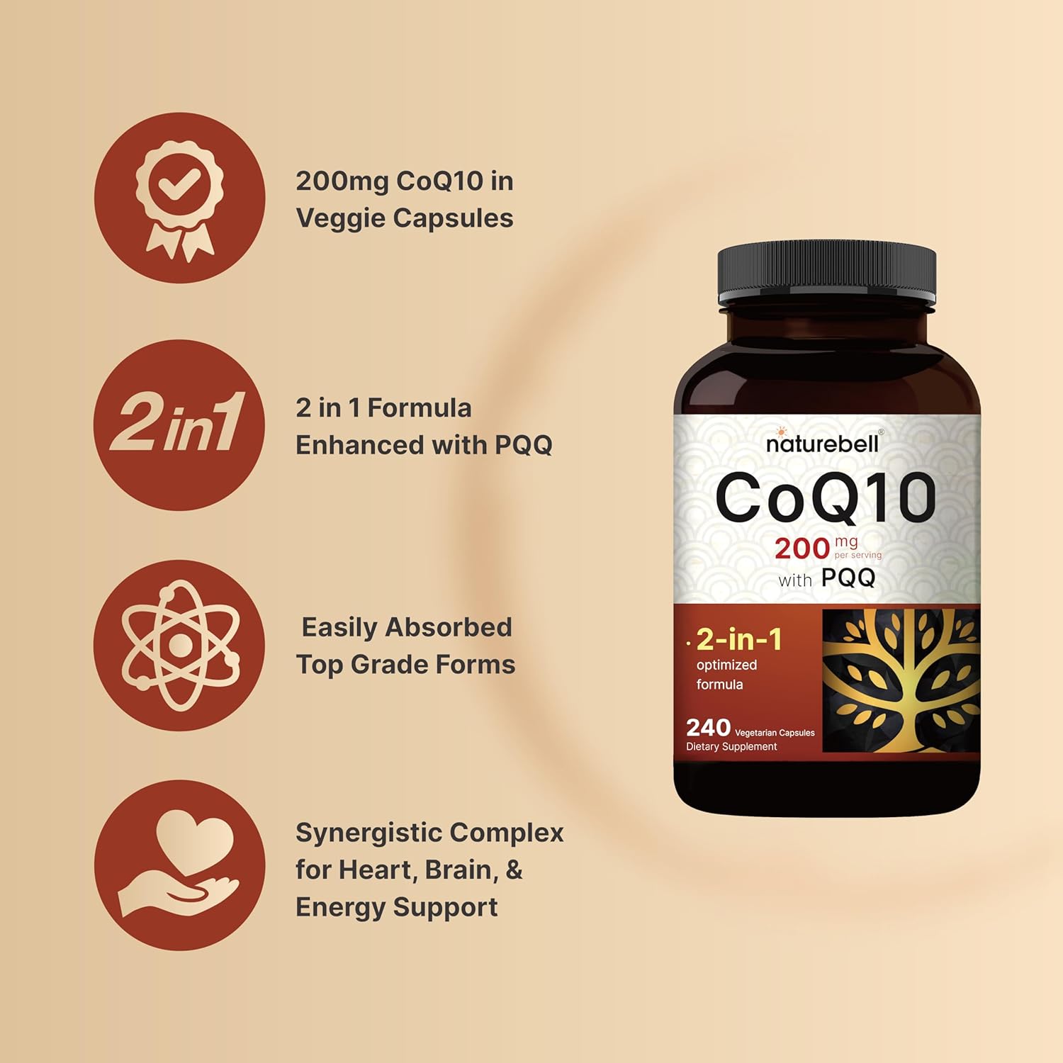 Extra Strength NatureBell CoQ10 (Ubiquinone) 200mg with PQQ - 240 Veg Capsules for Brain, Heart & Energy - High Absorption Antioxidant Support